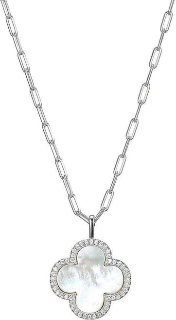 Image of Charles Garnier 17" + 2" Sterling Silver Paperclip Chain Necklace w/ Mother of Pearl & CZ Clover Pendant