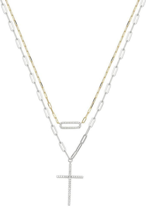 Image of Charles Garnier Rhodium & Gold-Plated Sterling Silver 2-Strand Paperclip Chain Necklace w/ CZ Cross Pendant