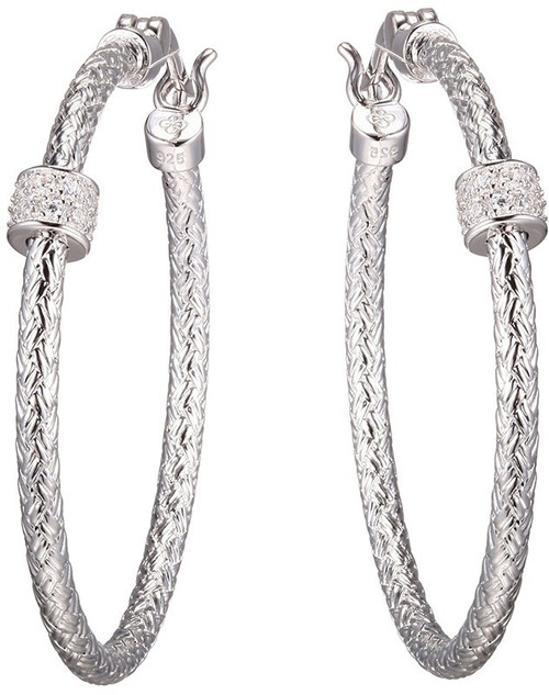 Charles Garnier 35mm Rhodium-Plated Sterling Silver 2mm Mesh Hoop Earrings with CZ Accent