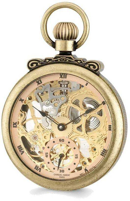 Image of Charles Hubert Antiqued Gold-Finish Brass Skeleton Pocket Watch