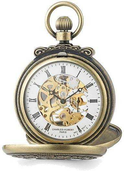 Image of Charles Hubert Antiqued Gold-Finish Skeleton Pocket Watch XWA3348