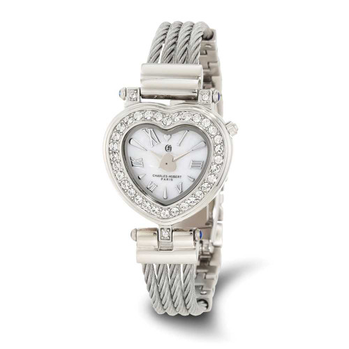 Image of Charles Hubert Stainless Steel Wire Bangle White MOP Heart Dial Watch