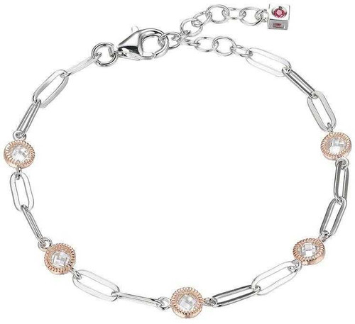 Image of ELLE 6.5" + 1.25" Rhodium & Rose Gold-Plated Sterling Silver Paperclip Chain Bracelet w/ CZ Stations