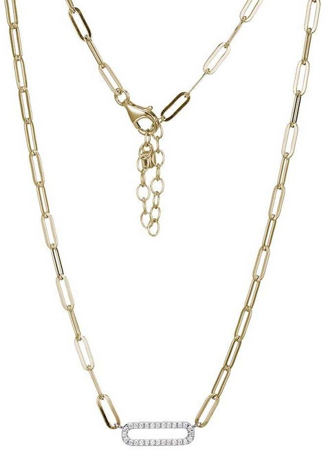 Image of ELLE Jewelry - 17" + 2" Gold Plated Sterling Silver Paperclip Necklace w/ CZ Studded Center Link
