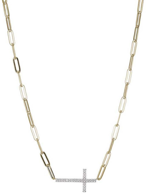 Image of ELLE Jewelry - 17" + 2" Gold Plated Sterling Silver Paperclip Necklace w/ Sideways CZ Cross