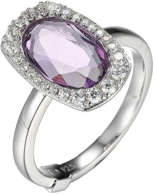 Image of ELLE Rhodium Plated Sterling Silver Ring w/ Oval Shape Genuine Amethyst & CZs