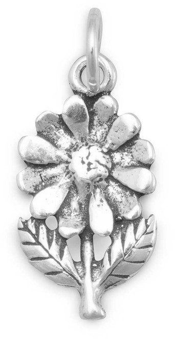 Image of Flower with Stem/Leaves Charm 925 Sterling Silver