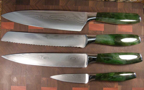 Image of Genuine Natural Green Polar Jade Knives Japanese 67 Layer Damascus Steel Blade Set #2