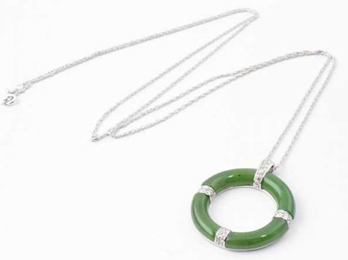 Image of 16" Sterling Silver & Genuine Natural Nephrite Jade Cutout Circle Pendant Necklace