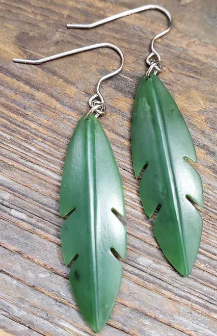 Image of Genuine Natural Nephrite Jade Feather Earrings (2947-HK)