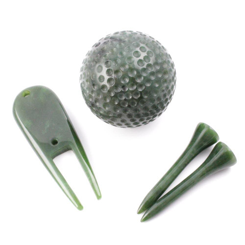 Natural Untreated Nephrite Jade Golf Tee Box Set w/ Ball