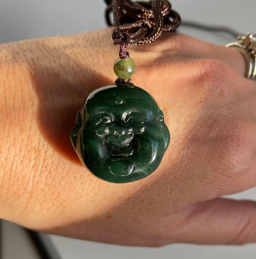 Natural Untreated Nephrite Jade Happy Buddha Head Pendant on Cord Necklace