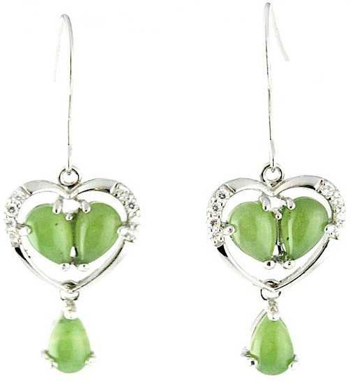 Image of Genuine Natural Nephrite Jade Heart Dangle Earrings Sterling Silver