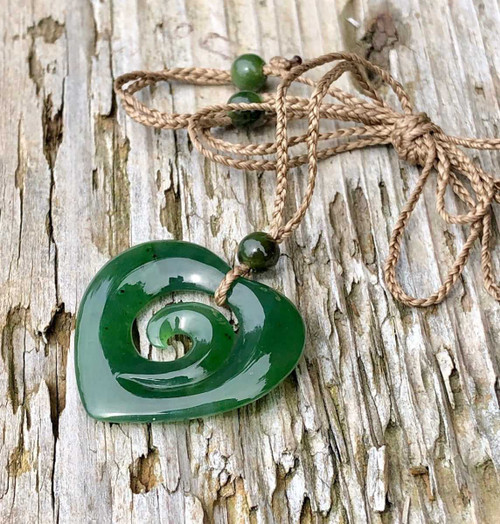 Image of Genuine Natural Nephrite Jade Koru Heart Pendant Necklace w/ Cord