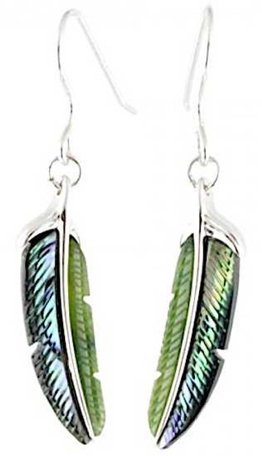 Image of Genuine Natural Nephrite Jade Leaf Feather Earrings w/Abalone Shell