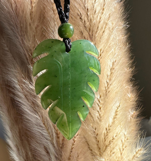 Natural Untreated Nephrite Jade Monstera Leaf Pendant Necklace on Cord