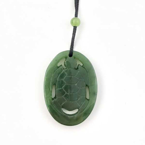 Image of Genuine Natural Nephrite Jade Oval Carved Turtle Pendant Necklace w/ Cord