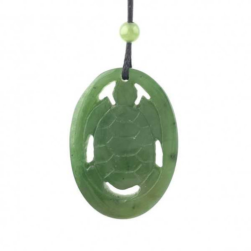 Image of Genuine Natural Nephrite Jade Oval Carved Turtle Pendant Necklace w/ Cord