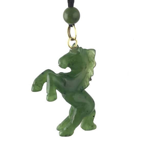Natural Untreated Nephrite Jade Rearing Horse Pendant Necklace w/ Wax Cord