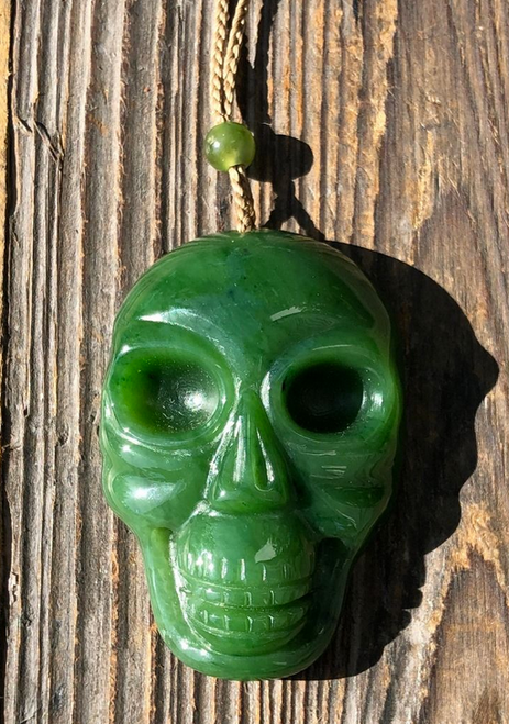 Genuine Natural Nephrite Jade Skull Pendant Necklace w/ Adjustable Cord