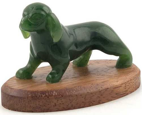 Image of Genuine Natural Nephrite Jade Solid Dachshund Dog Figurine on Wooden Base