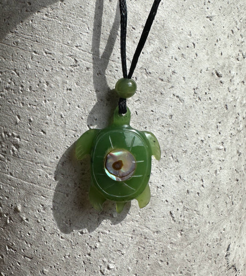 Natural Untreated Nephrite Jade Turtle Pendant Necklace w/ Abalone Shell