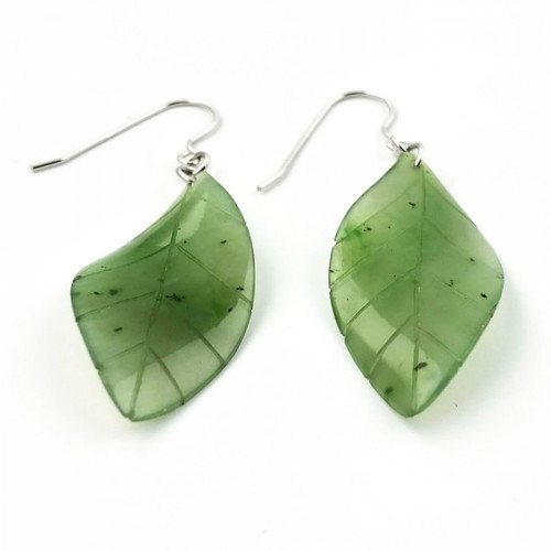 Genuine Natural Nephrite Jade Twisted Leaf Earrings