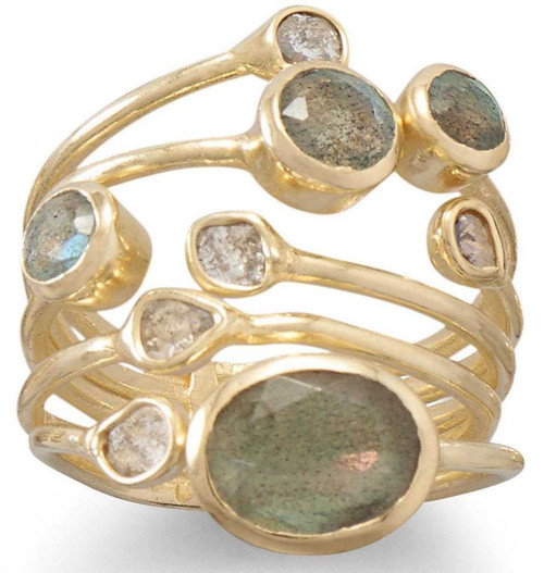 Image of Gold Plated Polki Diamond & Labradorite Multi-Row Stack Ring 925 Sterling Silver