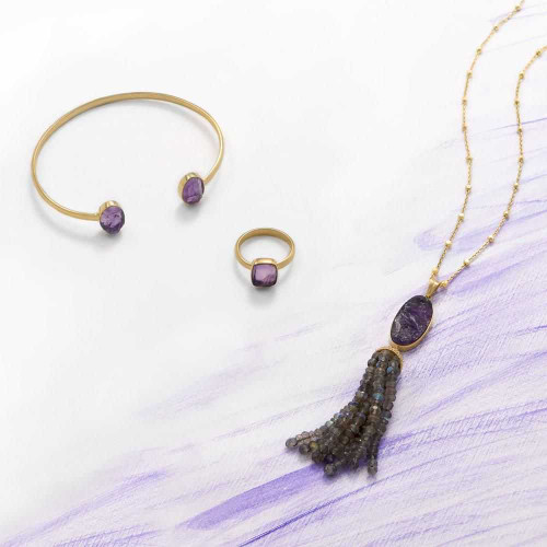 Image of Gold-plated Sterling Silver Amethyst and Labradorite Tassel Necklace