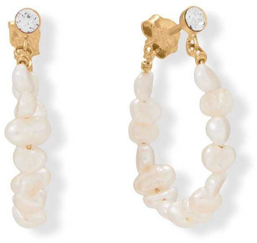 Image of Gold-plated Sterling Silver Crystal and Cultured Freshwater Pearl Hoop Earrings