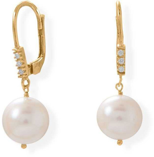 Image of Gold-plated Sterling Silver Cultured Freshwater Pearl and CZ Leverback Earrings