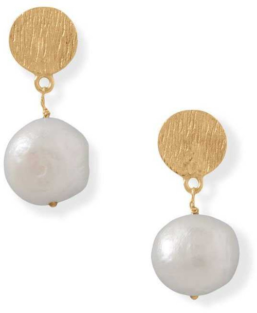 Image of Gold-plated Sterling Silver Disk and Cultured Freshwater Pearl Drop Earrings