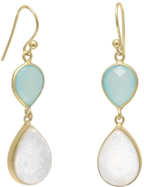 Image of Gold-plated Sterling Silver Earrings with Green Chalcedony and Druzy
