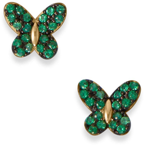 Gold-plated Sterling Silver Green CZ Butterfly Stud Earrings