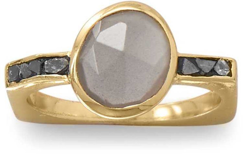 Image of Gold-plated Sterling Silver Grey Moonstone and Diamond Chips Ring