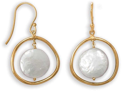 Image of Gold-plated Sterling Silver Oblong Circle with Cultured Freshwater Coin Pearl Earrings
