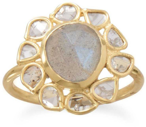 Image of Gold-plated Sterling Silver Polki Diamond and Labradorite Ring