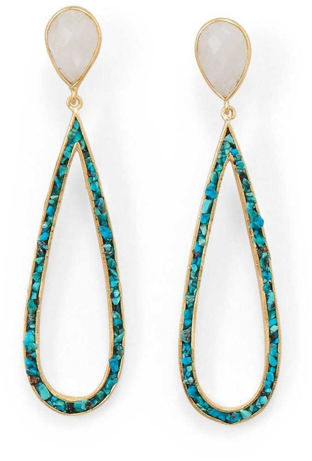 Image of Gold-plated Sterling Silver Rainbow Moonstone and Simulated Turquoise Chip Post Earrings