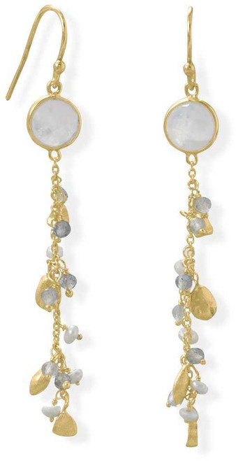 Image of Gold-plated Sterling Silver Rainbow Moonstone, Labradorite and Cultured Freshwater Pearl Drop Earrings