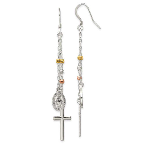 Image of 79.7mm Gold-Tone and Pink-Tone Sterling Silver Miraculous Medal & Cross Hook Earrings