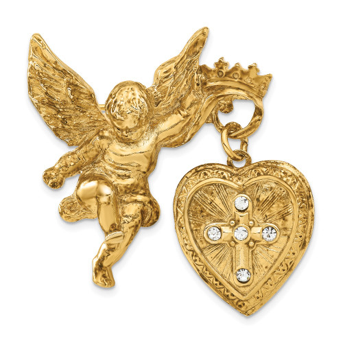 Gold-Tone Angel w/ 20mm Dangle Heart Synthetic Crystal Cross Locket Brooch Pin