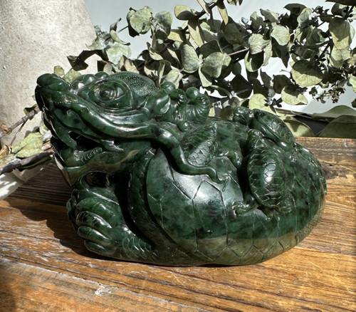 6" Green Natural Untreated Nephrite Jade Dragon Turtle Figurine 6in