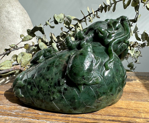 6" Green Natural Untreated Nephrite Jade Dragon Turtle Figurine 6in