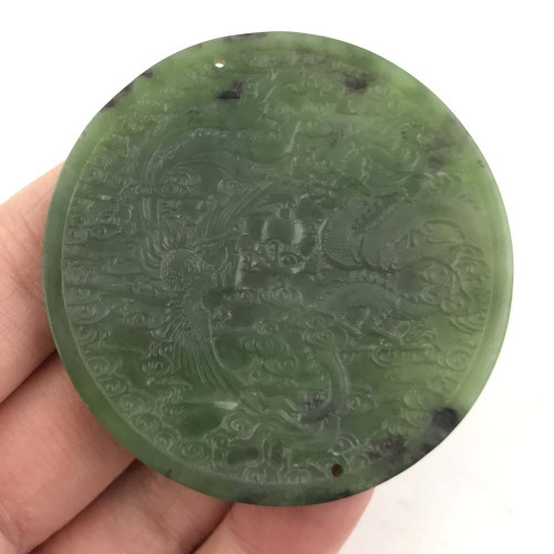 Green Genuine Natural Nephrite Jade Round Decorative Coin/Token Dragon & Phoenix