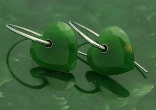 Hoop Earrings w/Dangling Faceted Genuine Natural Nephrite Jade Heart