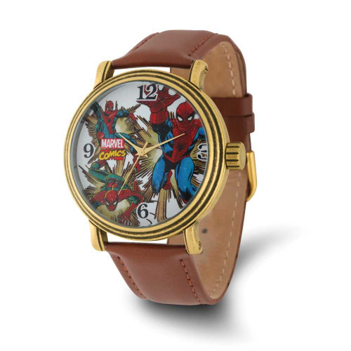 Image of Marvel Adult Size Spiderman Gold-tone Brown Leather Band Watch