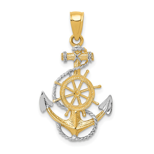 Mens 14K Yellow Gold and Rhodium Anchor w/ Rope Pendant