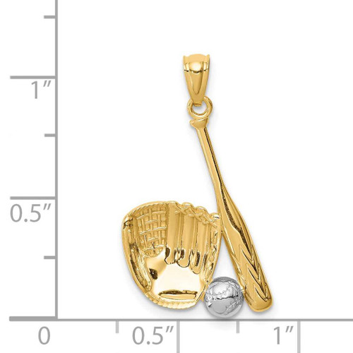Image of Mens 14K Yellow Gold and Rhodium Baseball Glove, Bat & Ball Pendant