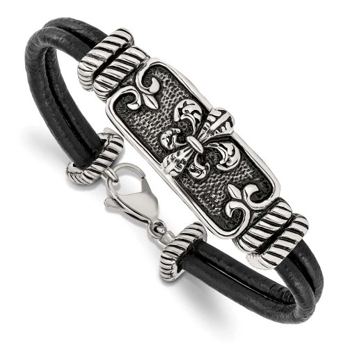 Image of Mens 8.5" Stainless Steel Antiqued Fleur De Lis Black Leather Bracelet SRB2053
