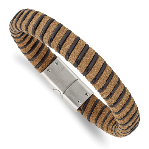 Mens 8.5" Stainless Steel Brushed Light Brown Suede and Black Leather Bracelet